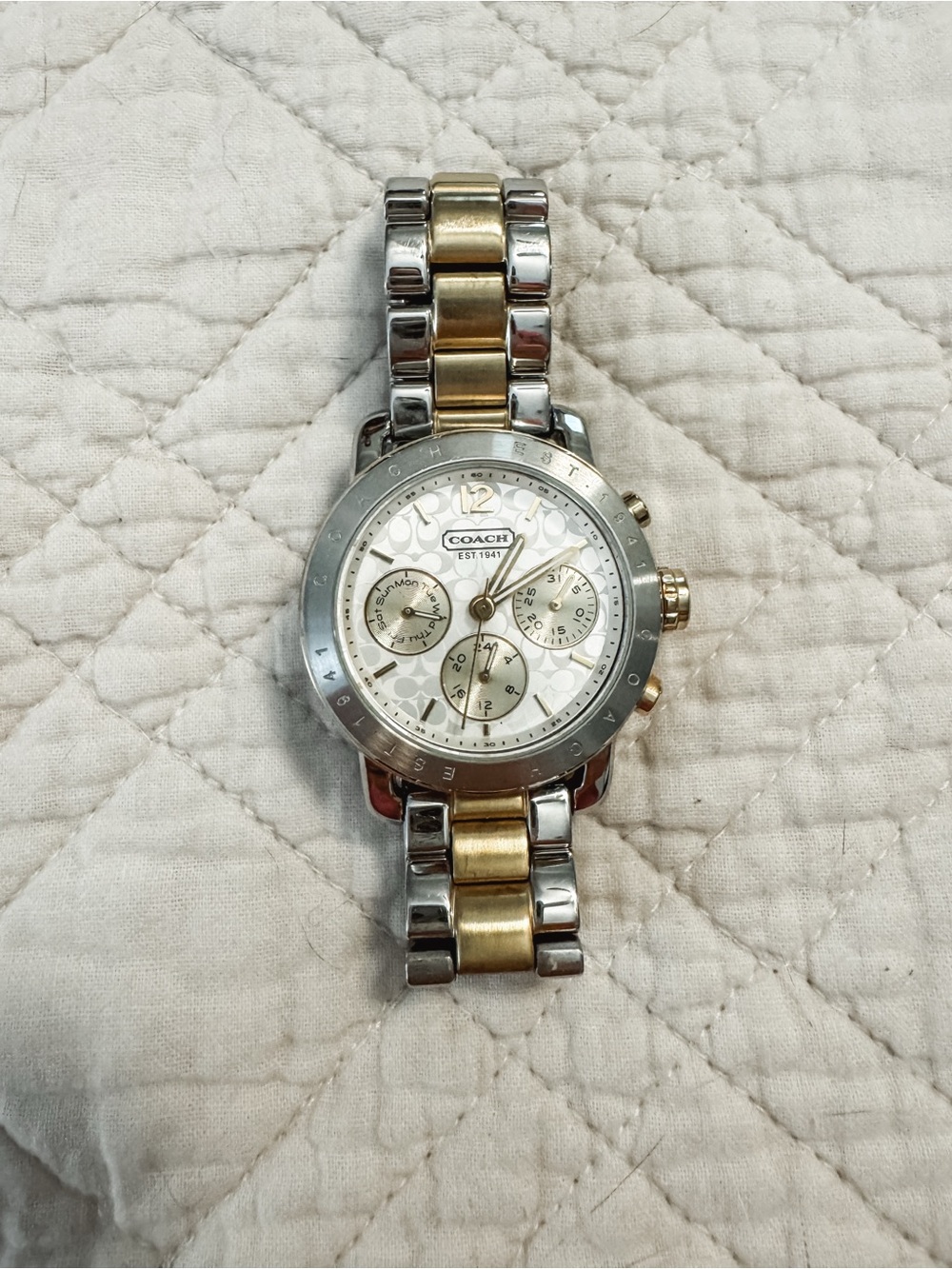 Coach Two-Tone Gold and Silver Link Watch with Patterned Dial